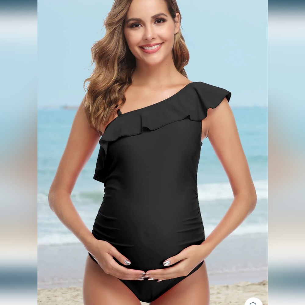 Maternity One Piece Bathing Suit With Ruffled One Shoulder